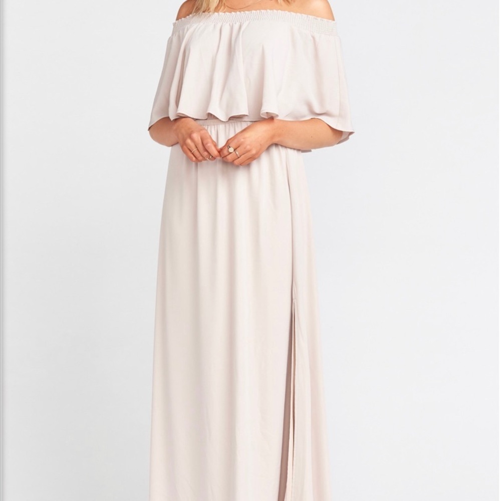 Show Me Your Mumu Hacienda Maxi Dress Beige Off Shoulder Bridesmaid Size Small - Picture 2 of 10